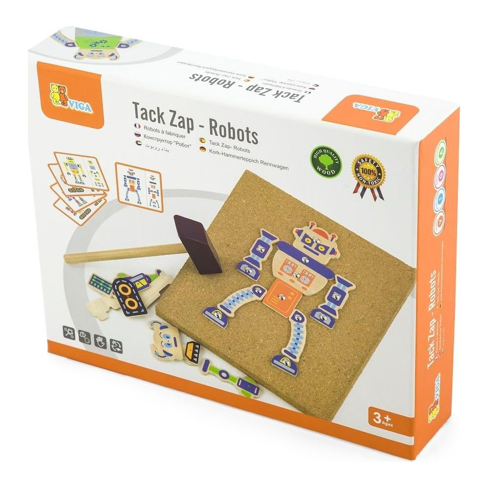 Viga Tack Zap Robots Spielzeugkiste mit Robotachteilen und Korkplatte.