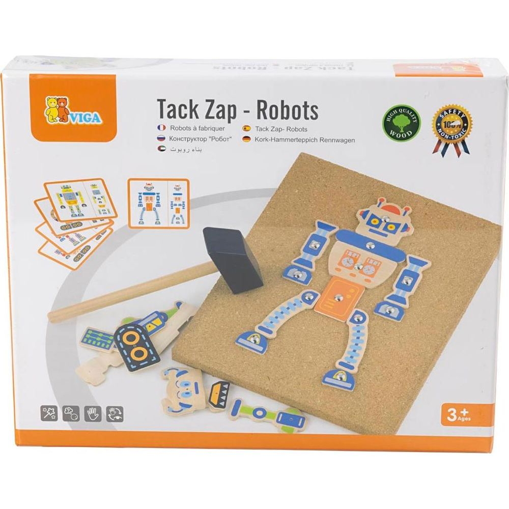 Ein Bausatz zum Erstellen eines Roboters aus Holzstücken auf einer Korkplatte.