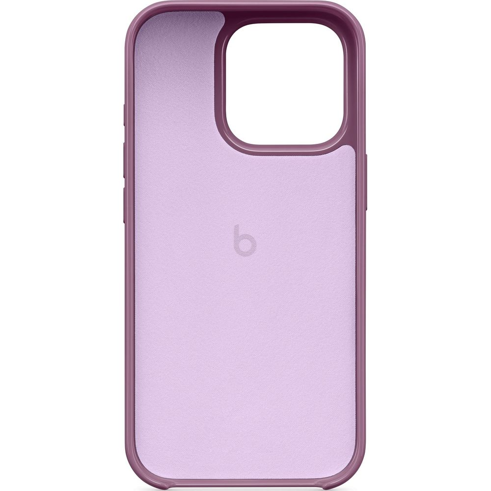 Une coque de téléphone violet clair avec découpe pour appareil photo et boutons. Un petit logo 'b' est visible.
