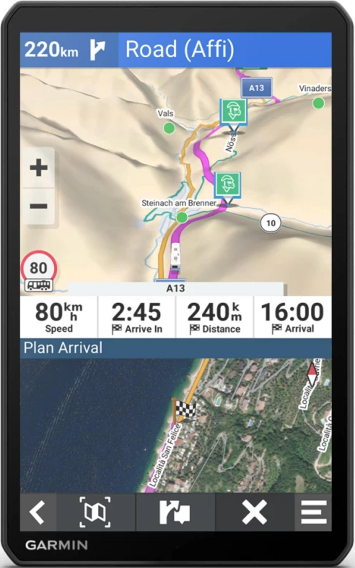 GPS Garmin mostra mappa con percorso, velocità, tempo, distanza e arrivo.