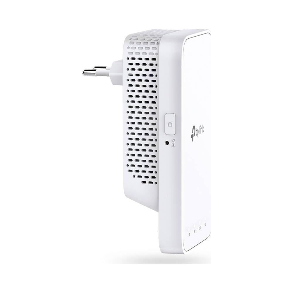 Un extensor Wi-Fi TP-Link blanco con botón de reinicio y enchufe.