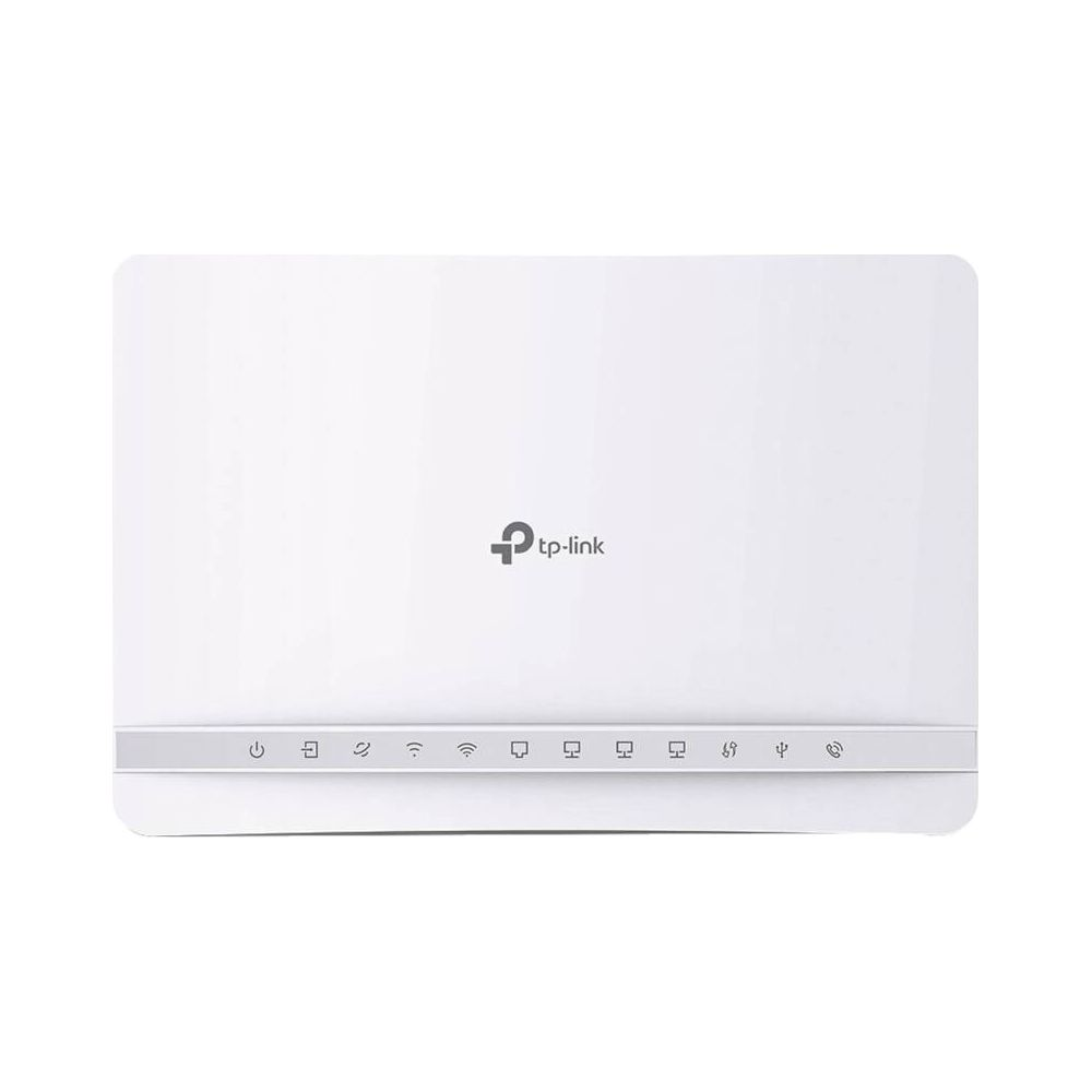 Biały router TP-Link z różnymi ikonami i światłami na panelu przednim.