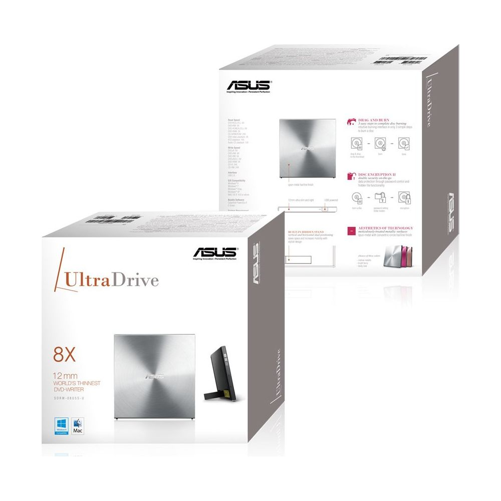 Pudełko ASUS UltraDrive DVD-Writer z obrazem produktu i funkcjami.