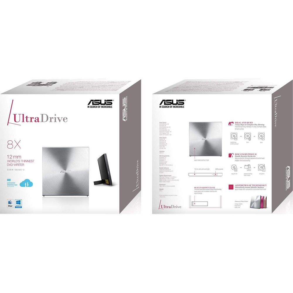Pudełko ASUS UltraDrive 8x DVD-Writer z obrazem produktu i specyfikacjami.