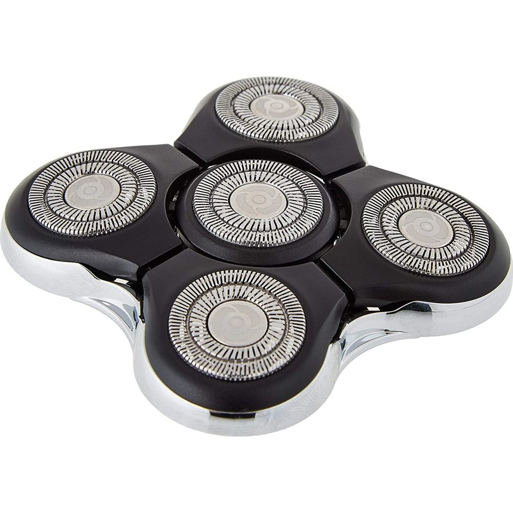 Czarna głowica golarki z pięcioma obrotowymi ostrzami i chromowanymi detalami.