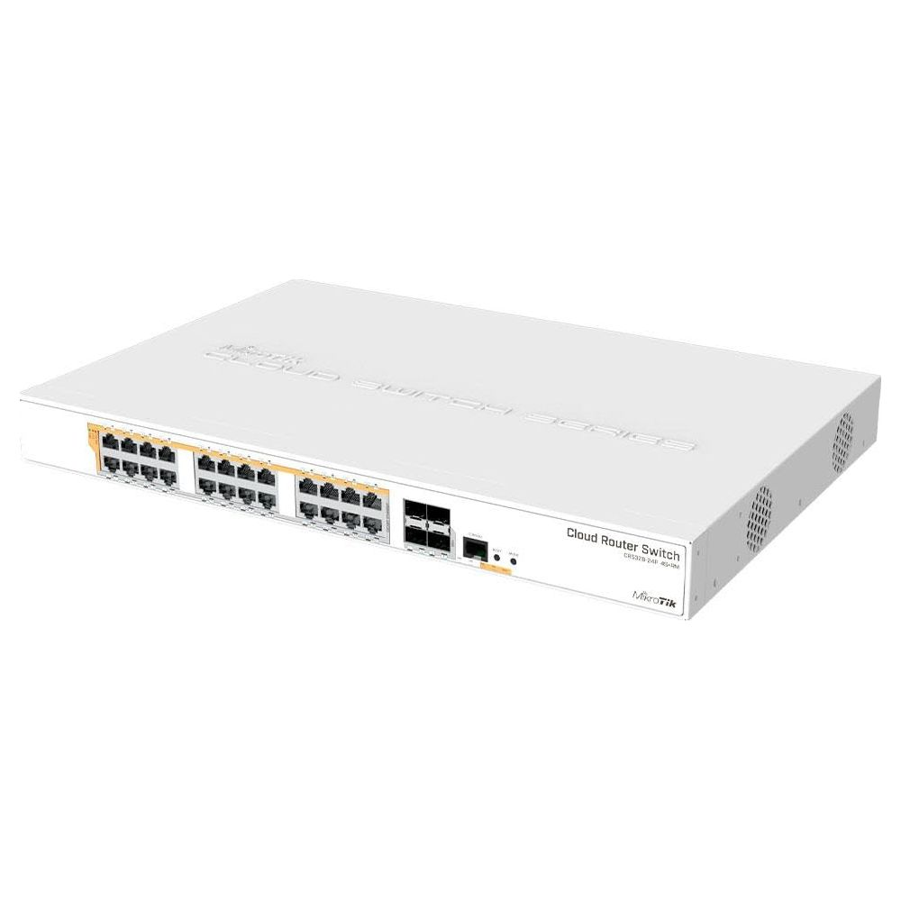 Biały przełącznik routera chmurowego z wieloma portami Ethernet i logo Mikrotik.