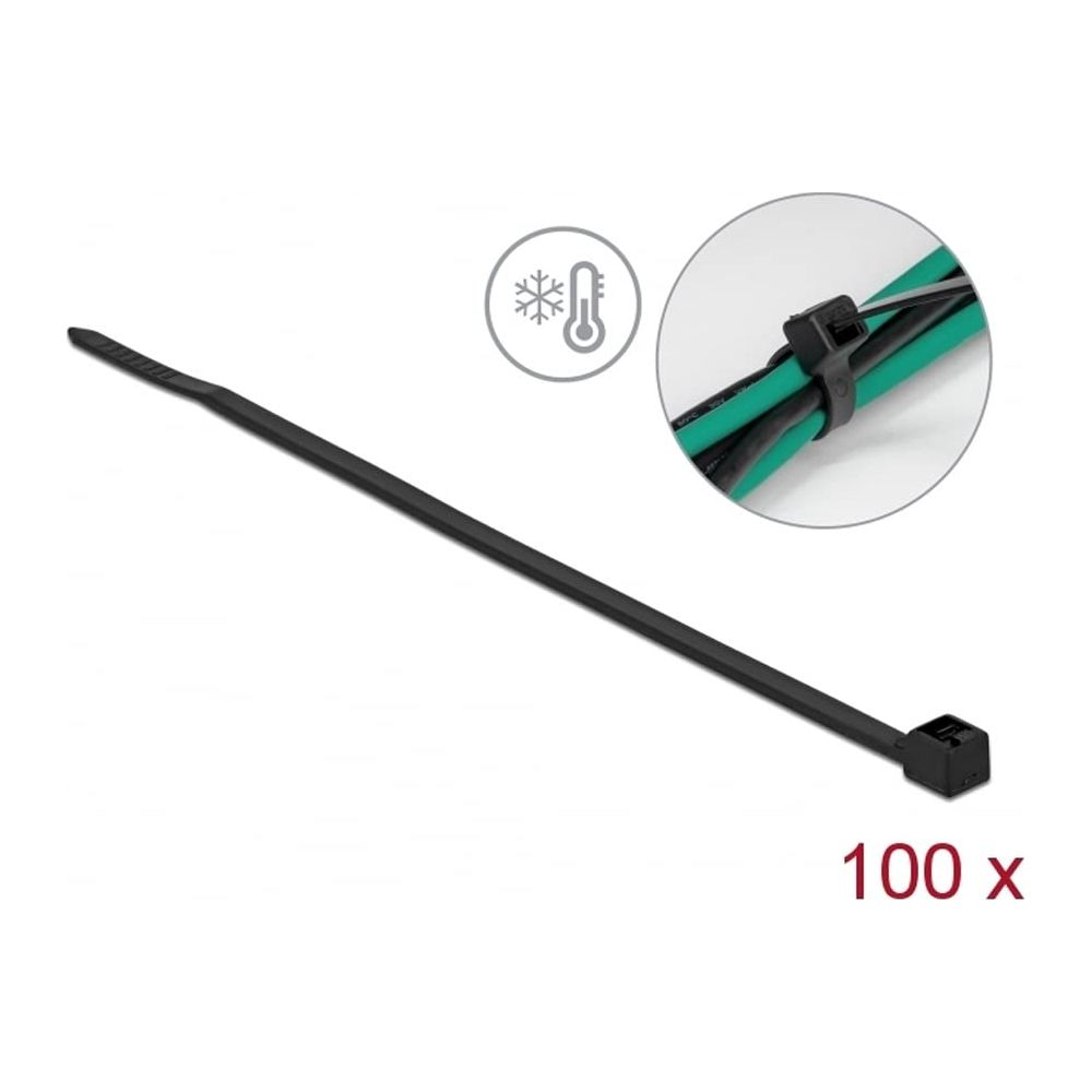Schwarzes Kabelbinder mit Symbolen für Temperatur und Anzahl 100x.