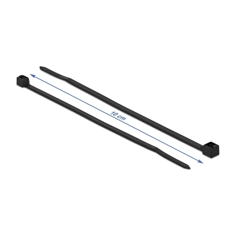 Zwei schwarze Kabelbinder, 10cm lang, nebeneinander auf weißem Grund.