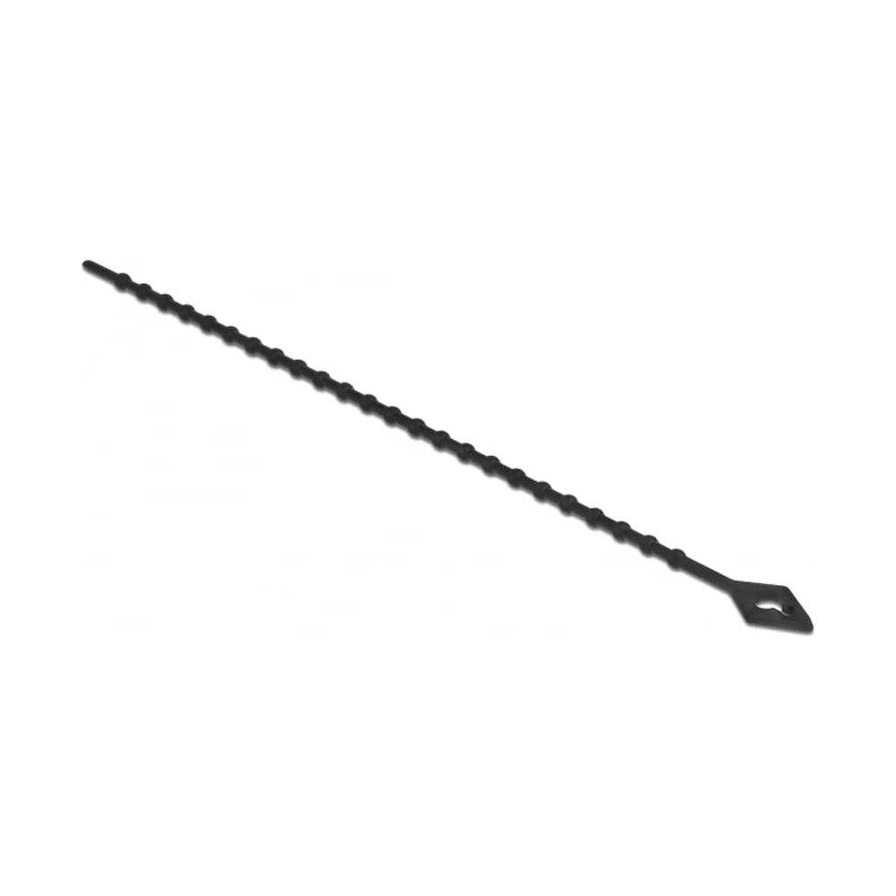 Ein schwarzes, perforiertes Kabel, das sich diagonal über einen weißen Hintergrund erstreckt.