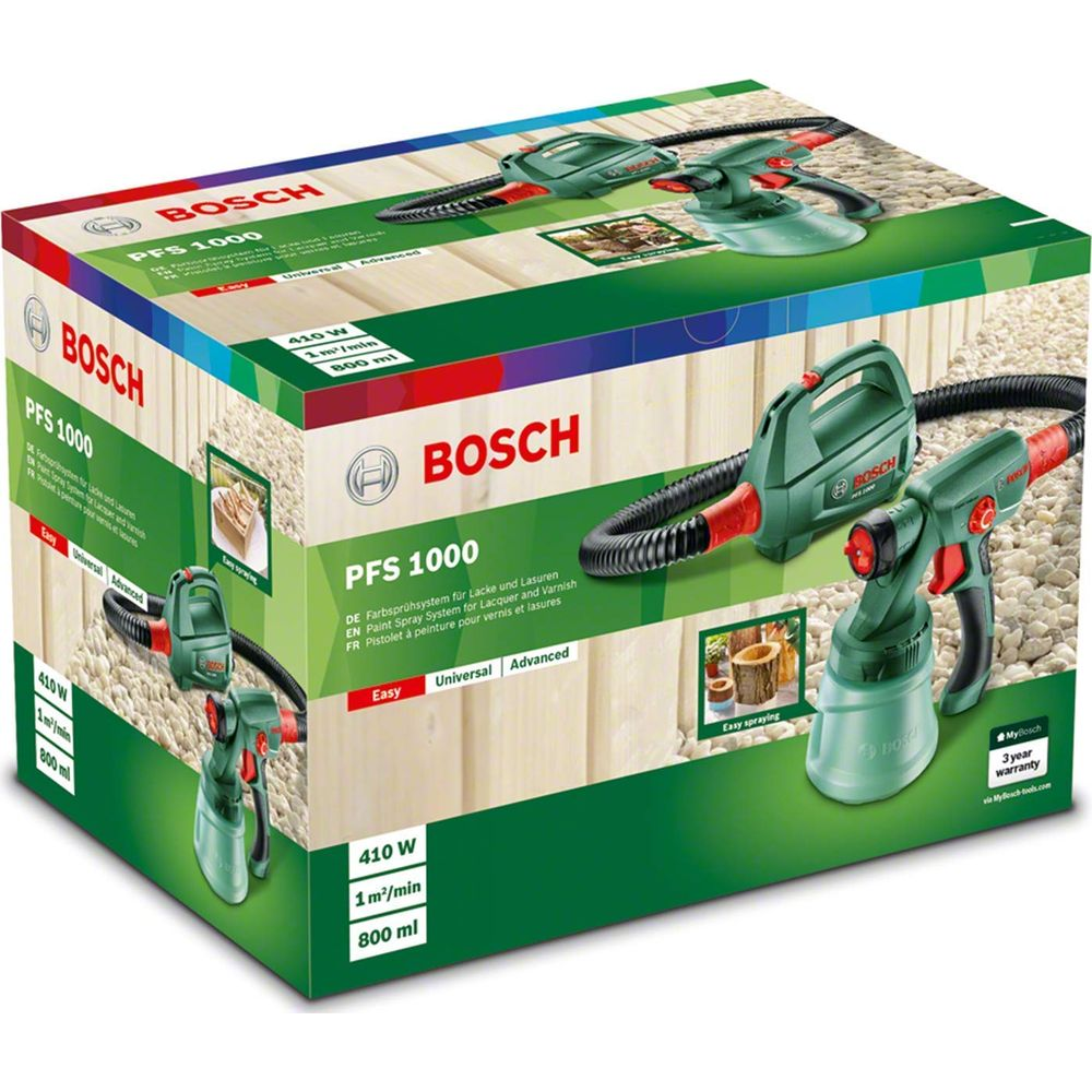 Scatola del sistema di spruzzatura vernice Bosch PFS 1000 con due pistole verdi e tubi neri.