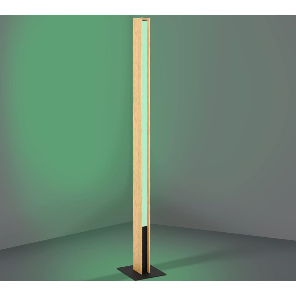 Ein langer, schmaler Holzfußboden mit einem vertikalen Lichtstreifen und schwarzer Basis.