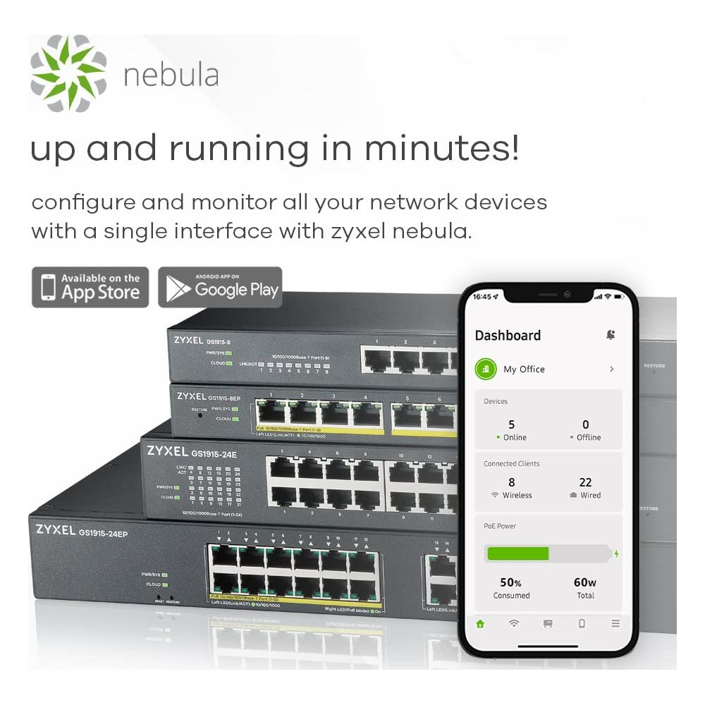 Przełączniki sieciowe Zyxel Nebula i smartfon wyświetlający aplikację pulpitu.