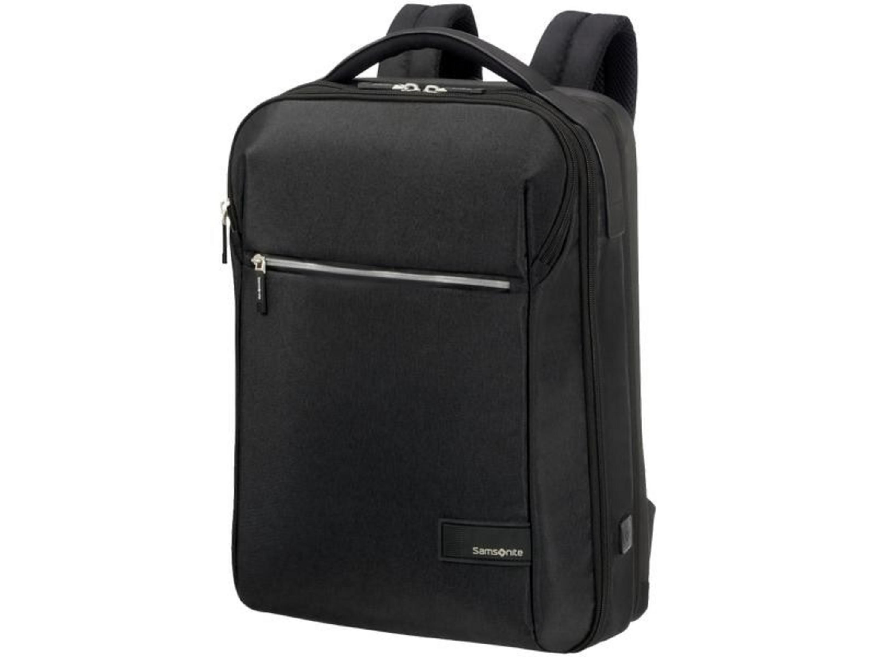 Schwarzer Rucksack mit gepolsterten Trägern und Reißverschlussfächern.