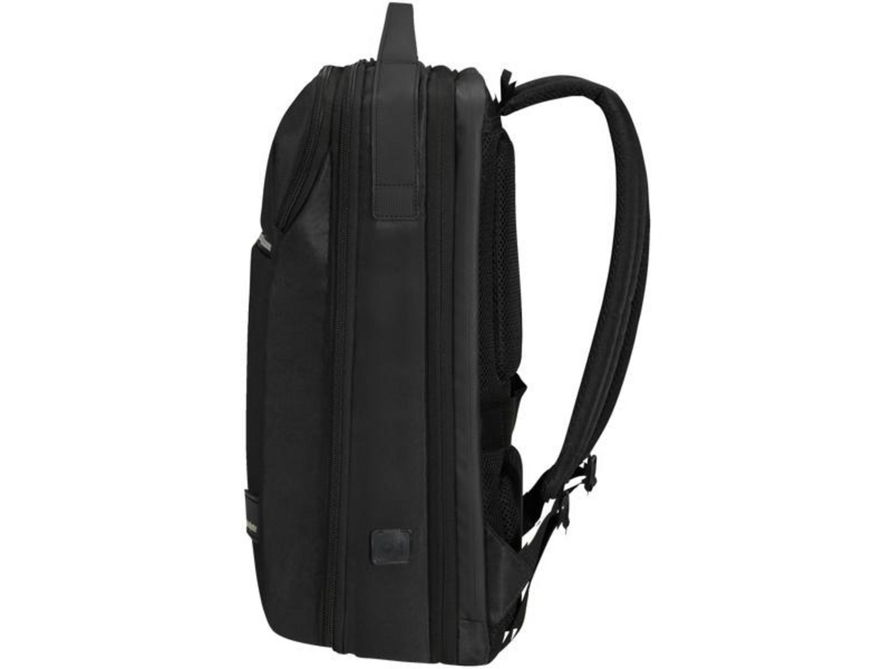 Schwarzer Rucksack von der Seite mit gepolsterten Trägern und Reißverschlüssen.