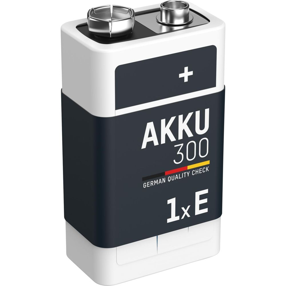 Een witte 9V-batterij met zwarte belettering en oplaadcontacten bovenop.