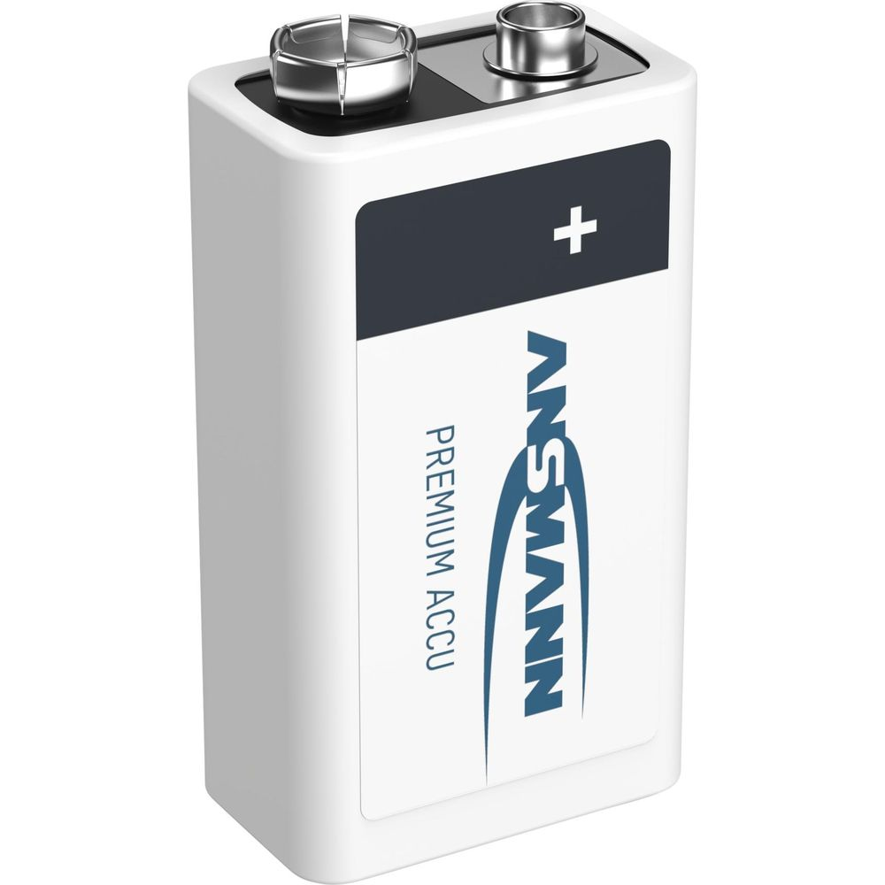 Een witte ANSMANN 9V batterij met een donkerblauw label met een plusteken.