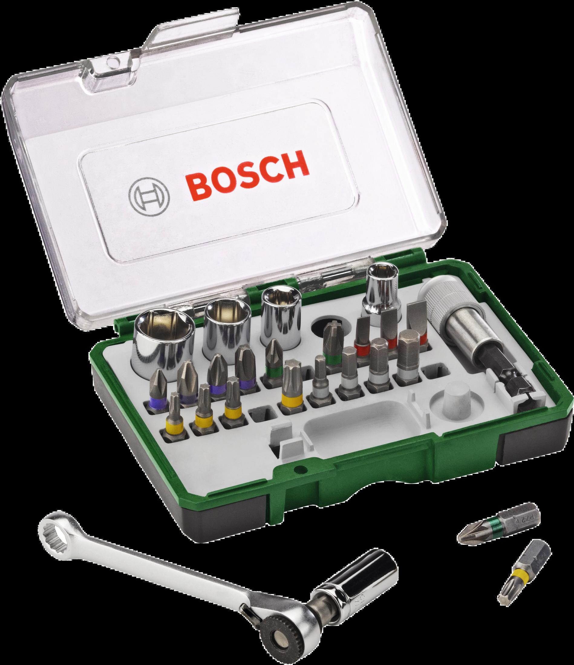 Boîte à outils Bosch avec embouts, douilles et cliquet.