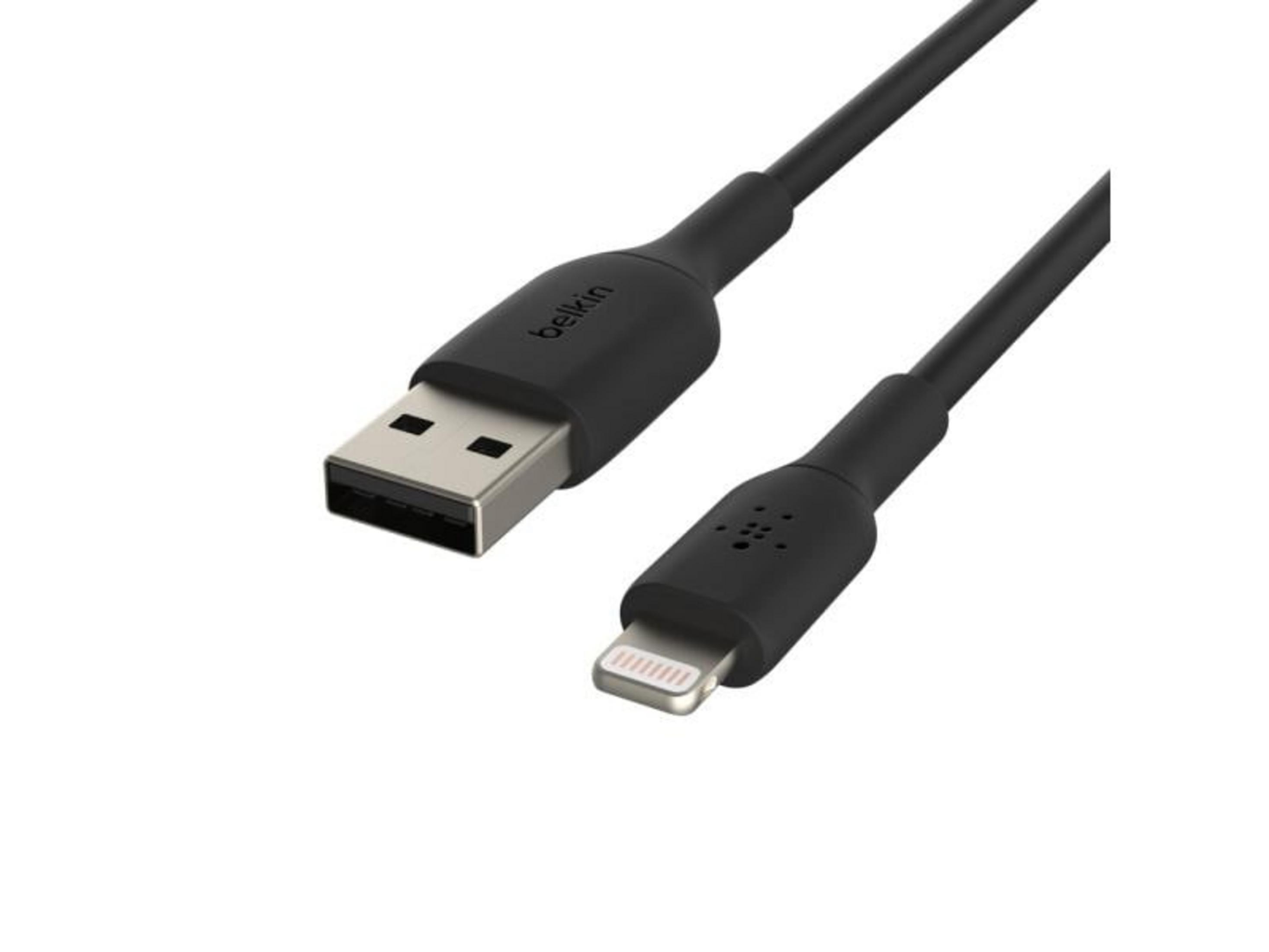 Schwarzes USB-zu-Lightning-Kabel von Belkin auf weißem Hintergrund.
