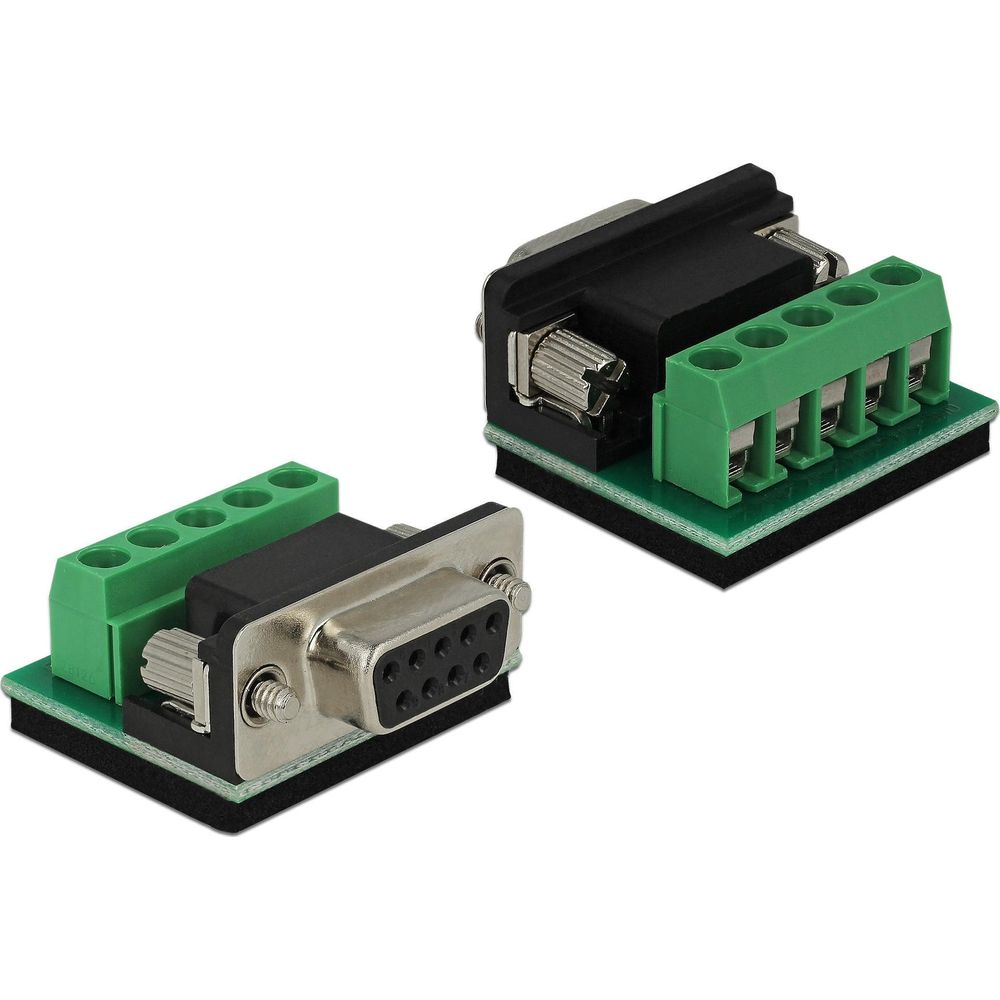 Due adattatori connettore maschio DB9 con morsetti a vite verdi su schede elettroniche.