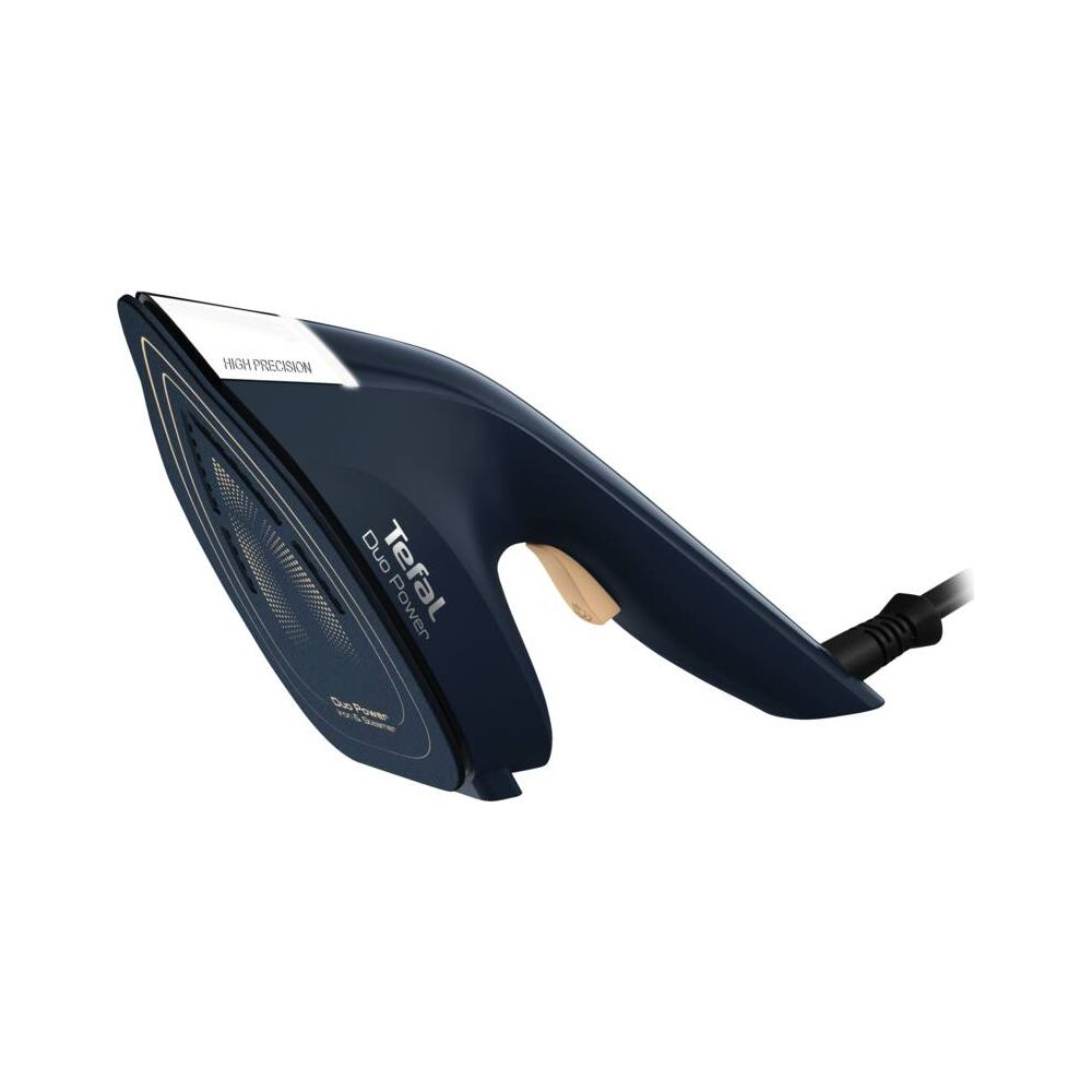 Ferro da stiro a vapore Tefal blu scuro con etichette "High Precision" e "Duo Power".