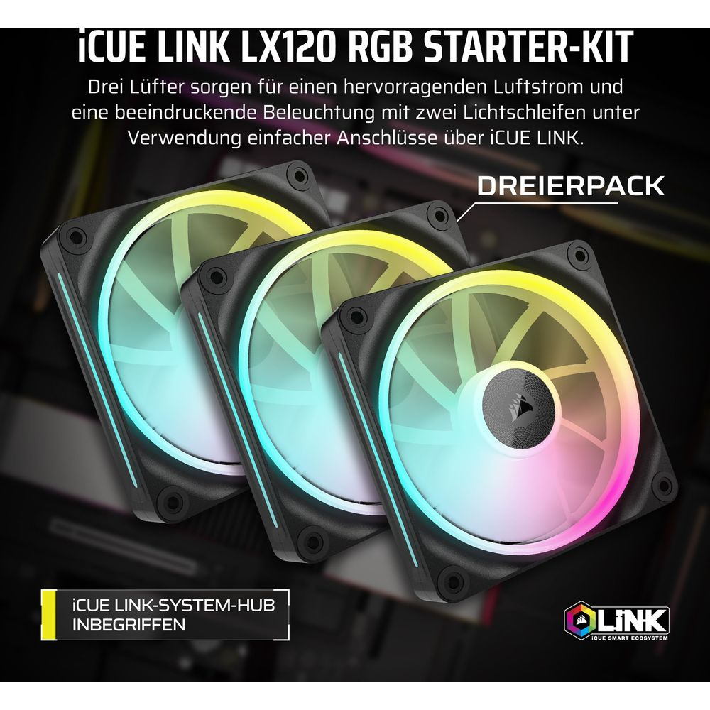 Trois ventilateurs PC RVB avec changement de couleur, kit de démarrage iCUE LINK LX120.
