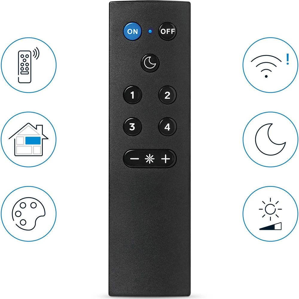 Control remoto negro con Encendido/Apagado, números e iconos: casa, paleta, WiFi, luna, brillo.