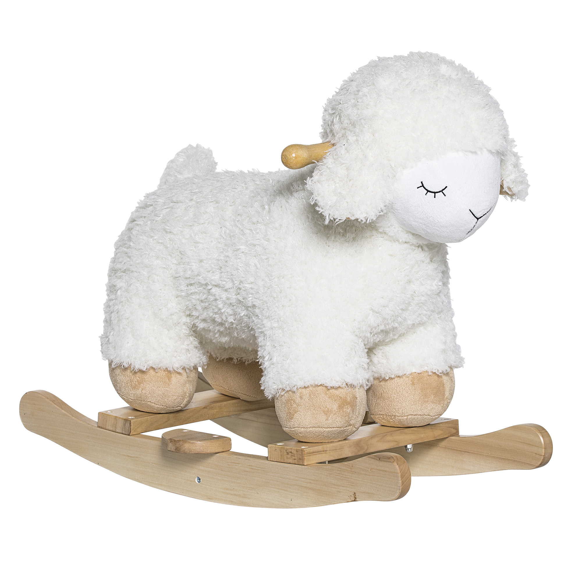 Ein weißes Schaf-Schaukeltier auf Holzkufe mit geschlossenen Augen.