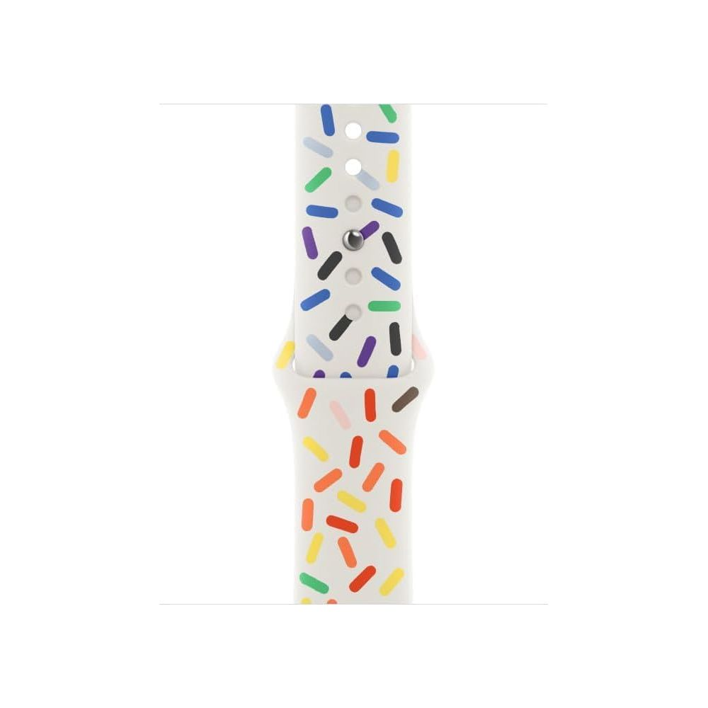 Ein weißes Uhrenarmband mit bunten Streuseln, wie auf einem Kuchen.