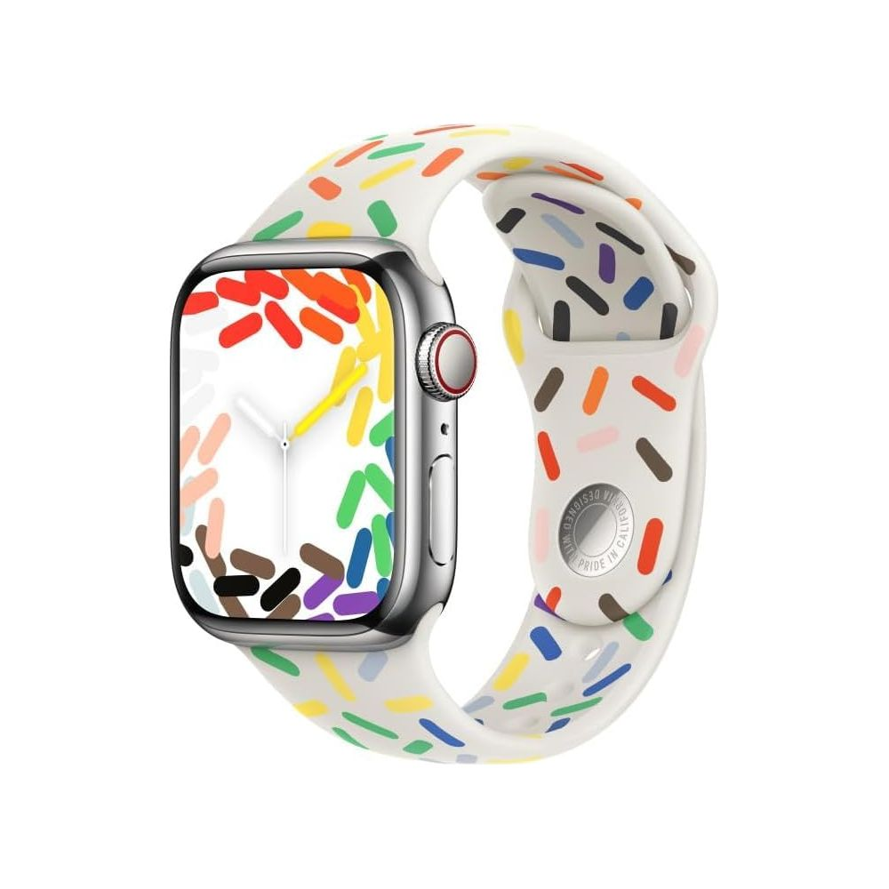 Silberne Smartwatch mit buntem Streusel-Armband und Pride-Zifferblatt.