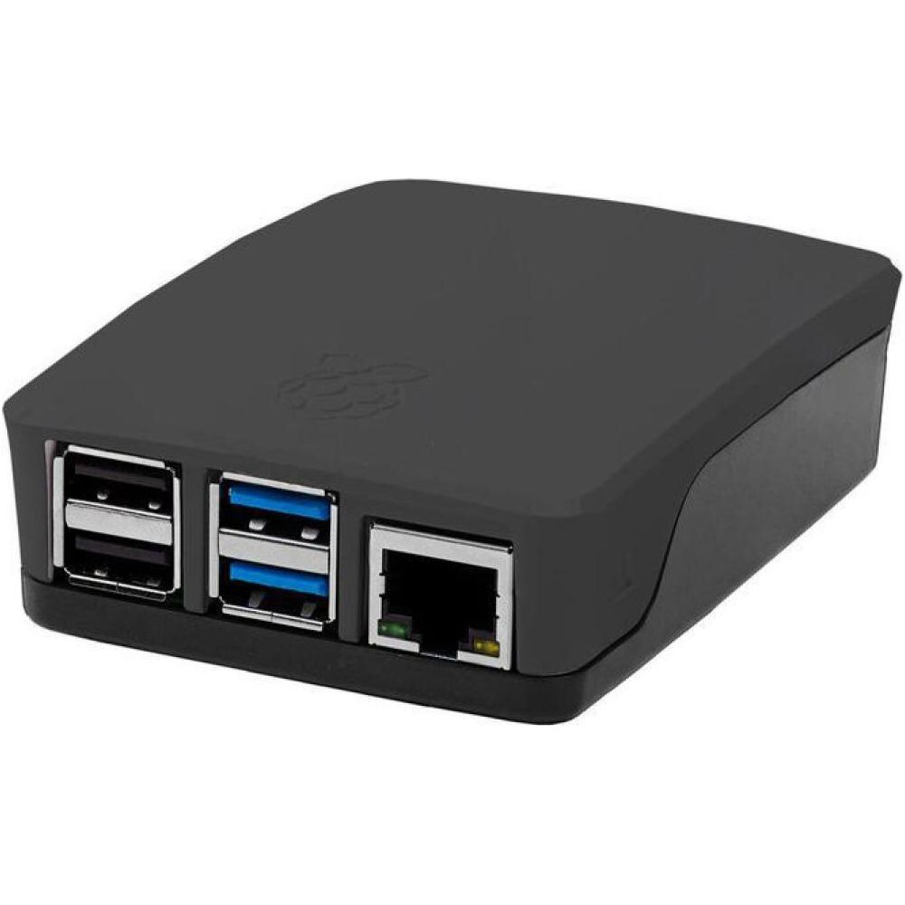 Carcasa negra con dos puertos USB y un puerto Ethernet.