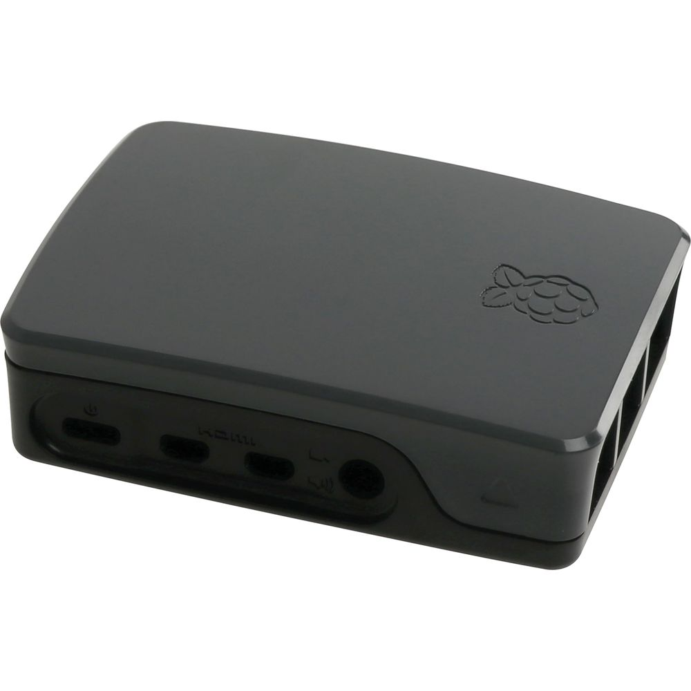 Una carcasa negra de Raspberry Pi mostrando puertos HDMI y USB.
