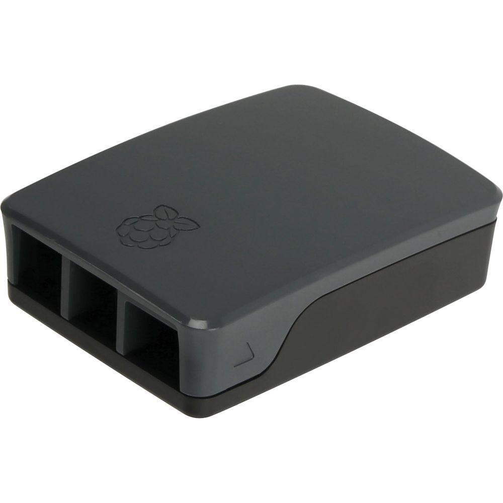 Una caja gris de Raspberry Pi con ranuras de ventilación y logo sobre fondo blanco.
