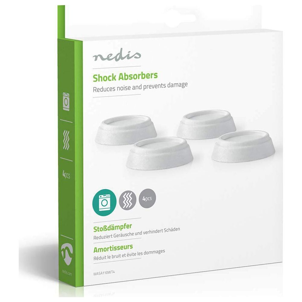 Verpakking met vier witte Nedis schokdempers voor wasmachines.