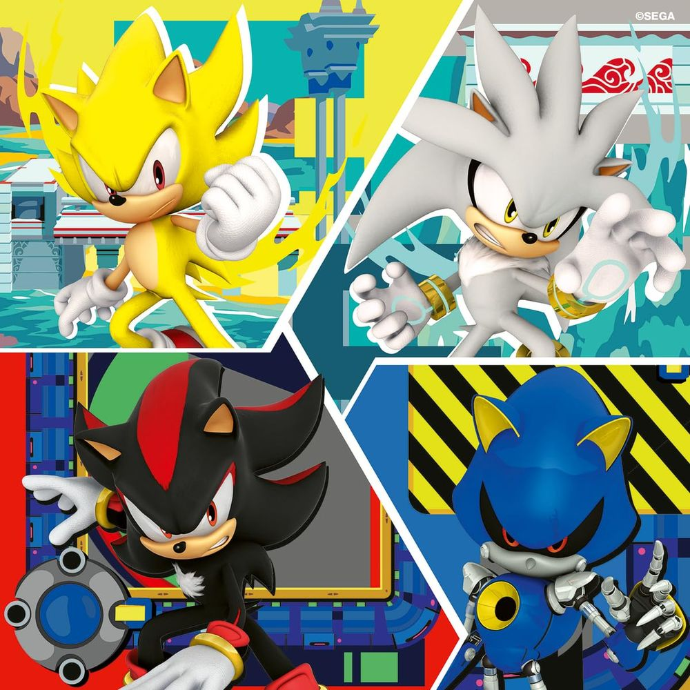 Quattro personaggi Sonic: Super Sonic, Silver, Shadow e Metal Sonic, divisi in quattro pannelli.