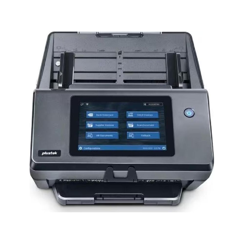 Uno scanner di documenti Plustek con touchscreen che mostra opzioni come Estratto Conto.