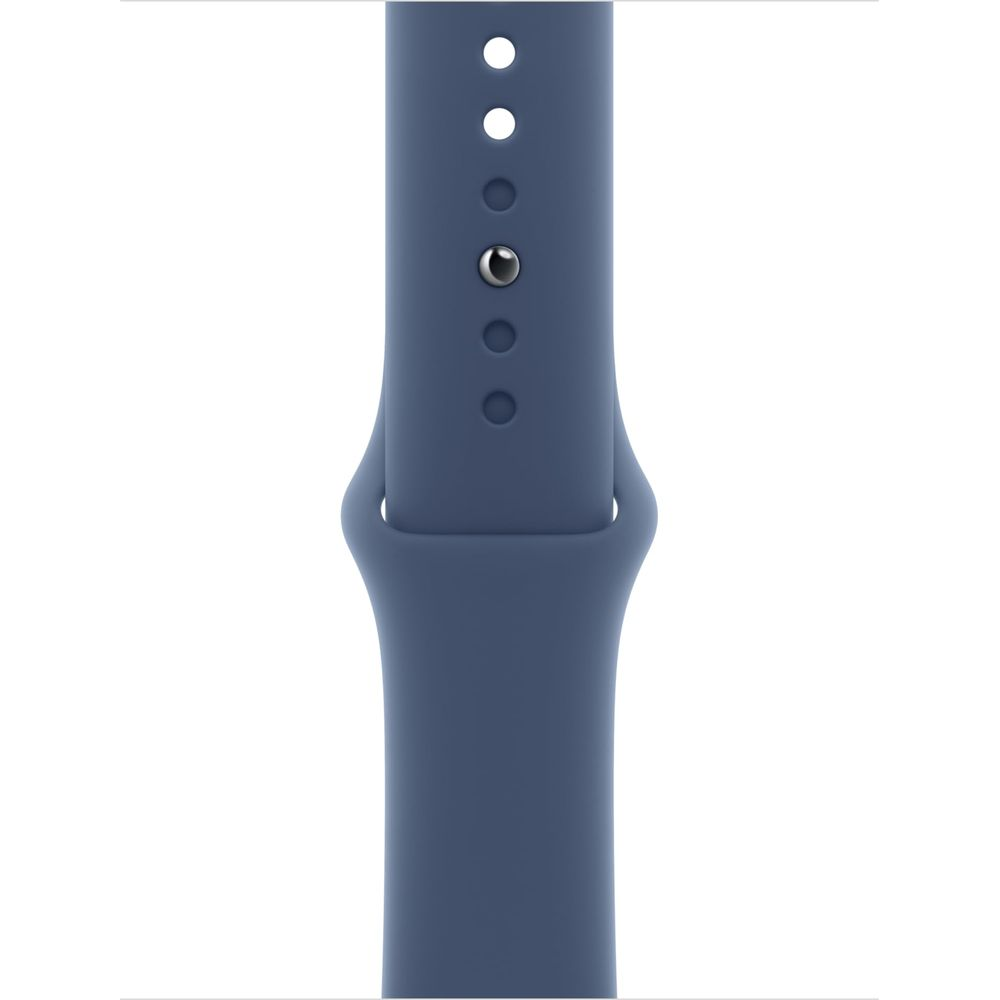 Ein blauer Apple Watch Armband mit Löchern und einem silbernen Stift.