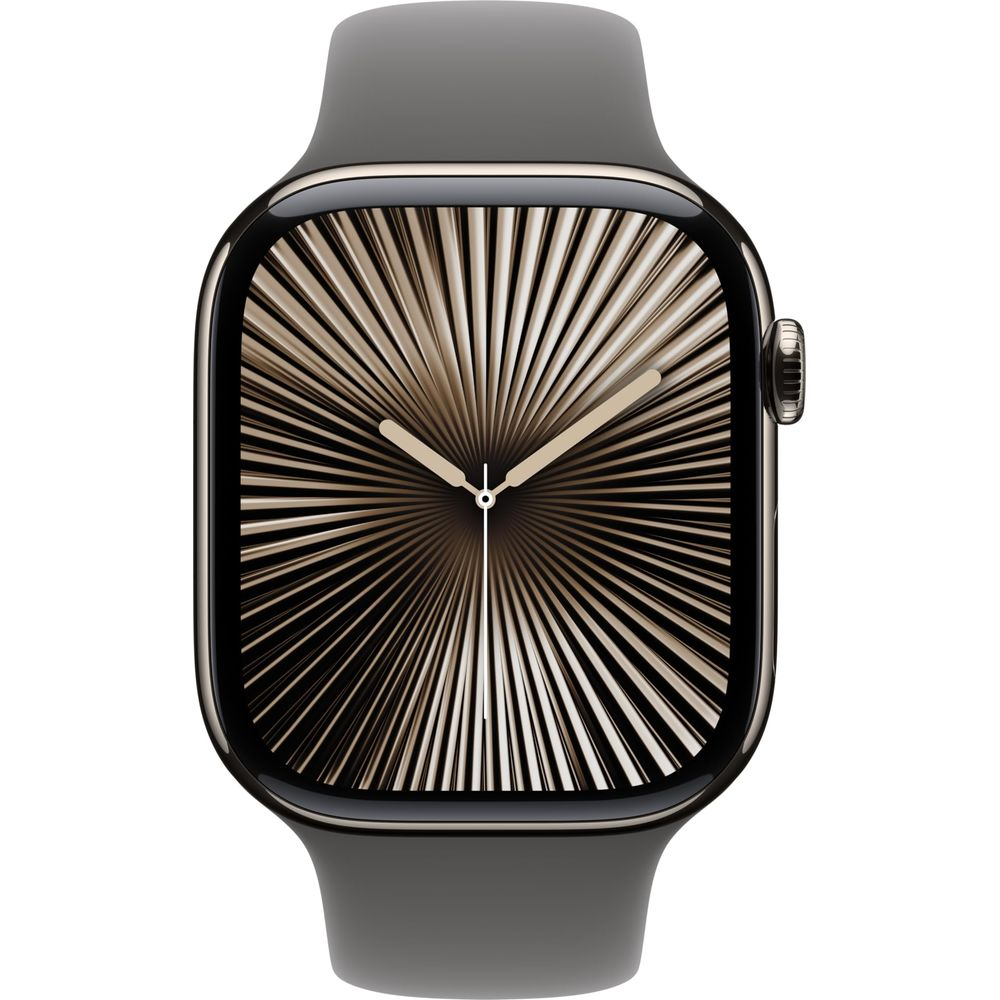 Szary smartwatch z tarczą wyświetlającą złote promienie i wskazówki.