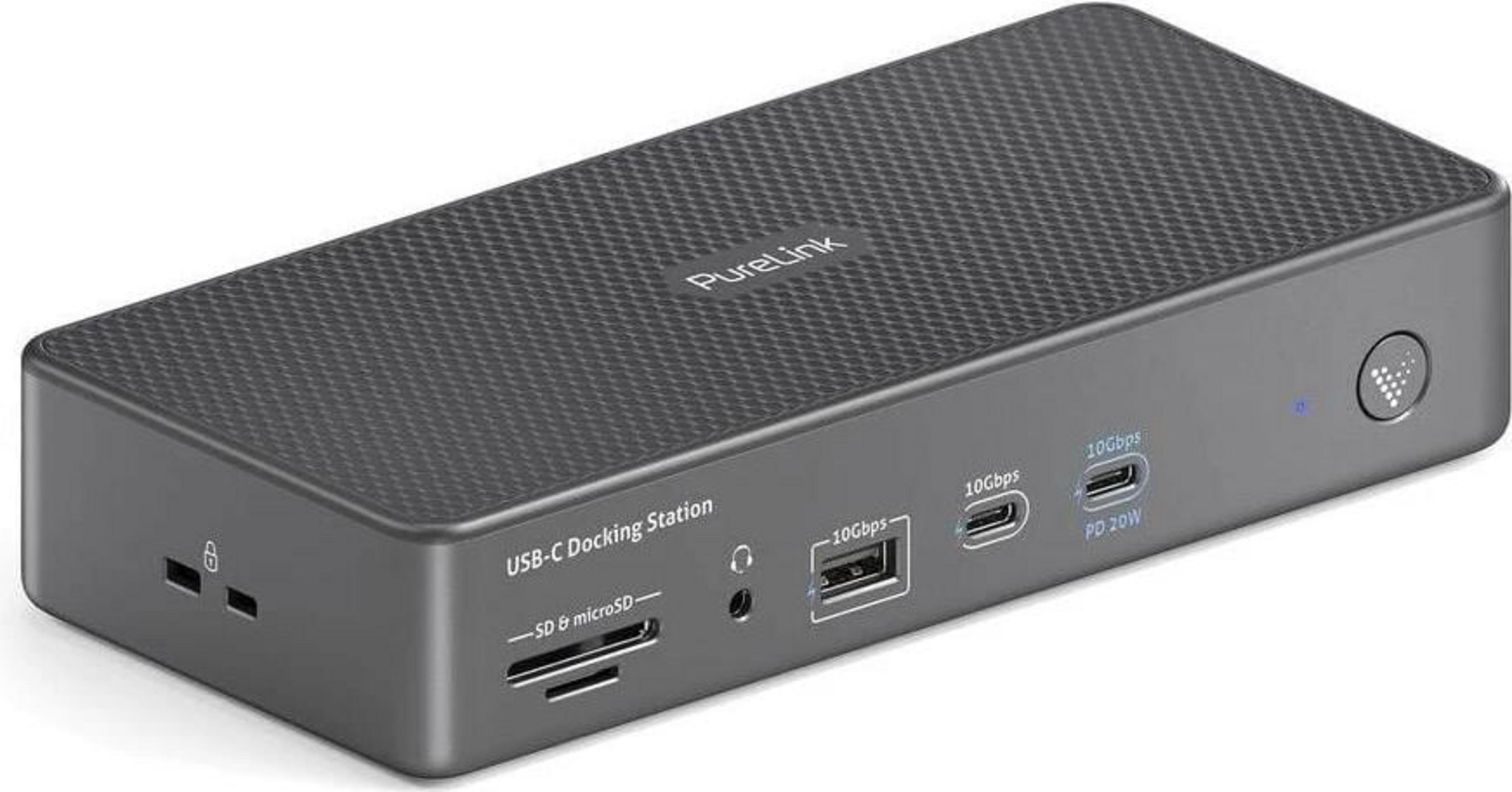 Docking station PureLink USB-C con più porte: SD/microSD, USB-A, USB-C, PD.