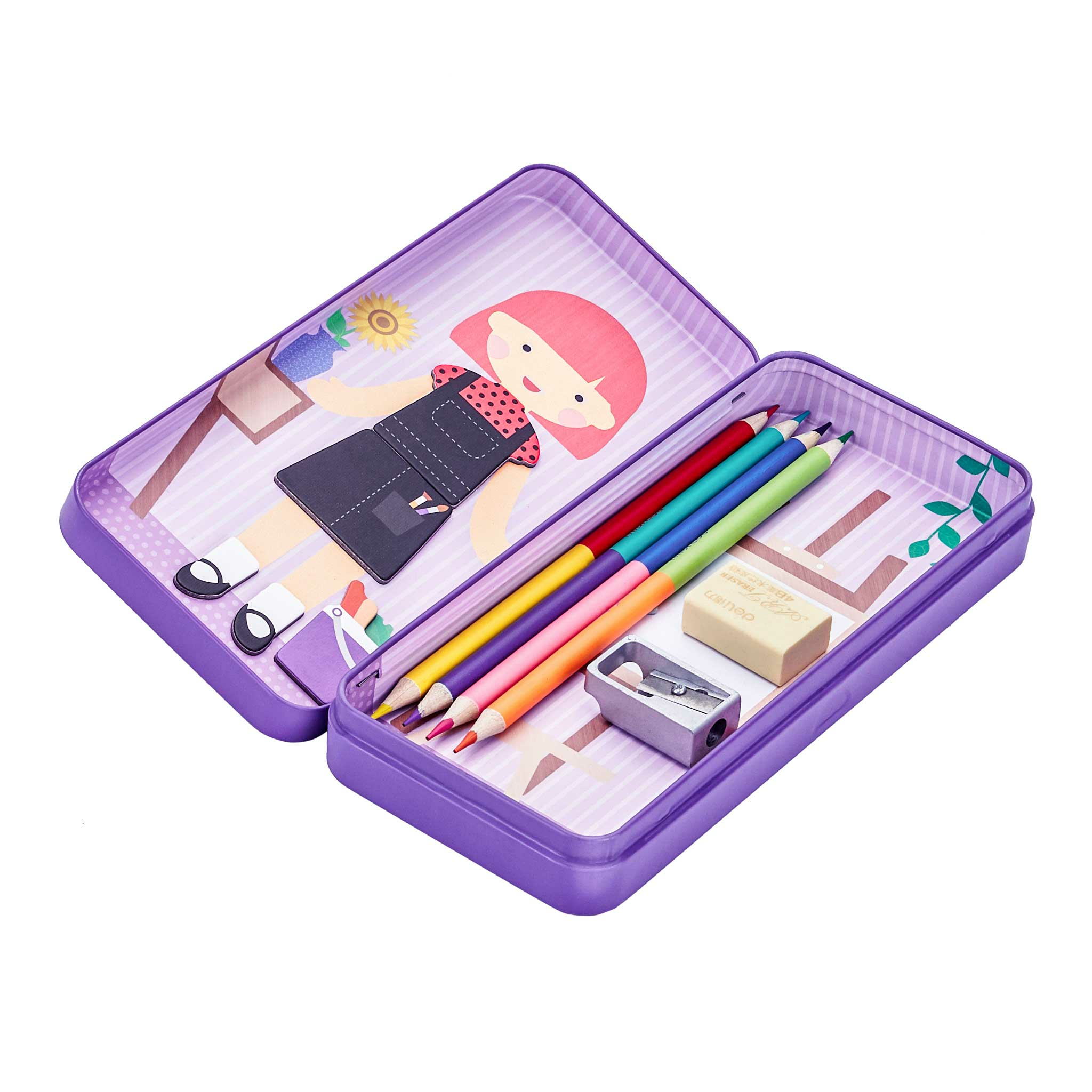 Eine lila Stiftebox mit Buntstiften, Radiergummi und Spitzer auf einem Cartoon-Mädchen.