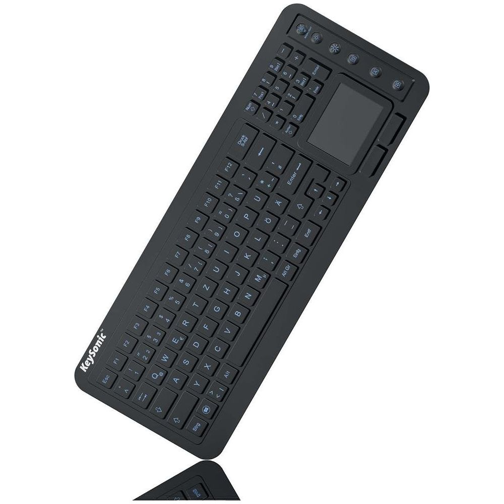 Tastiera nera con touchpad e tastierino numerico, vista dall'alto.