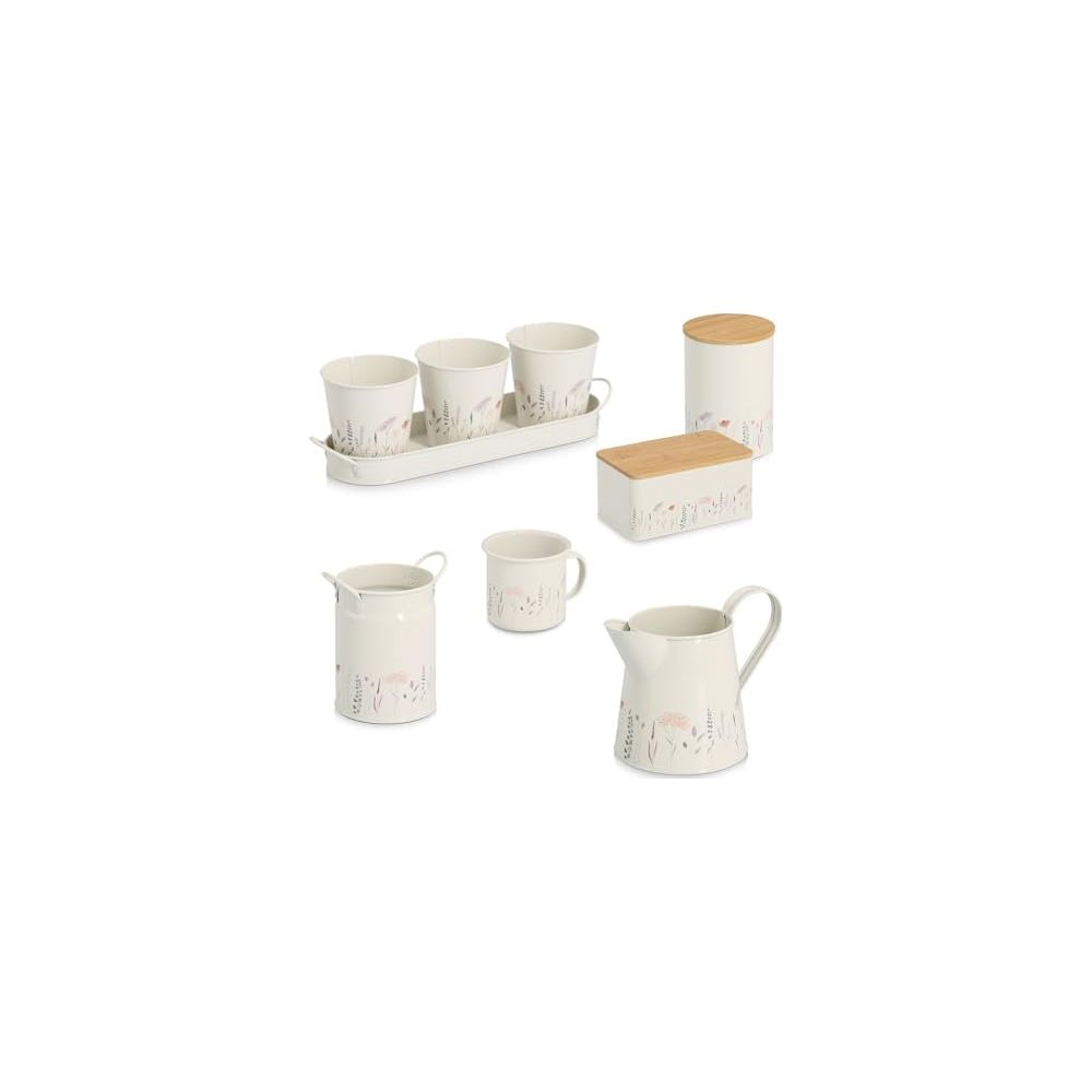 Set aus cremefarbener Küchenutensilien mit floralen Akzenten. Enthält Tassen, Krug, Glas und Schachteln.