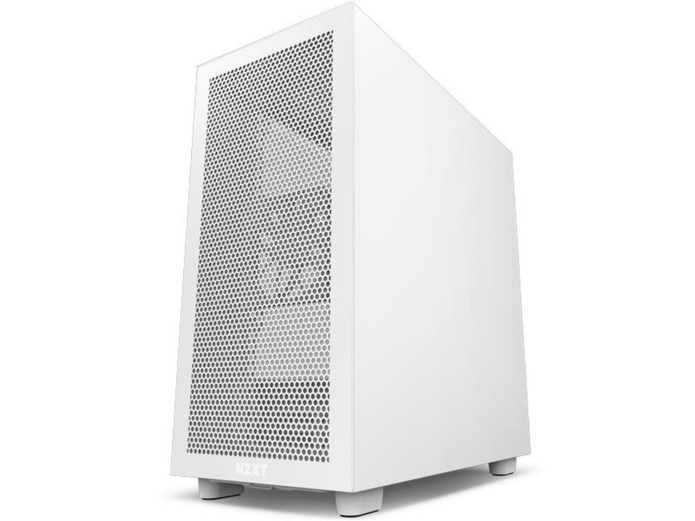 Un case per computer bianco con pannello frontale forato e quattro piedini.