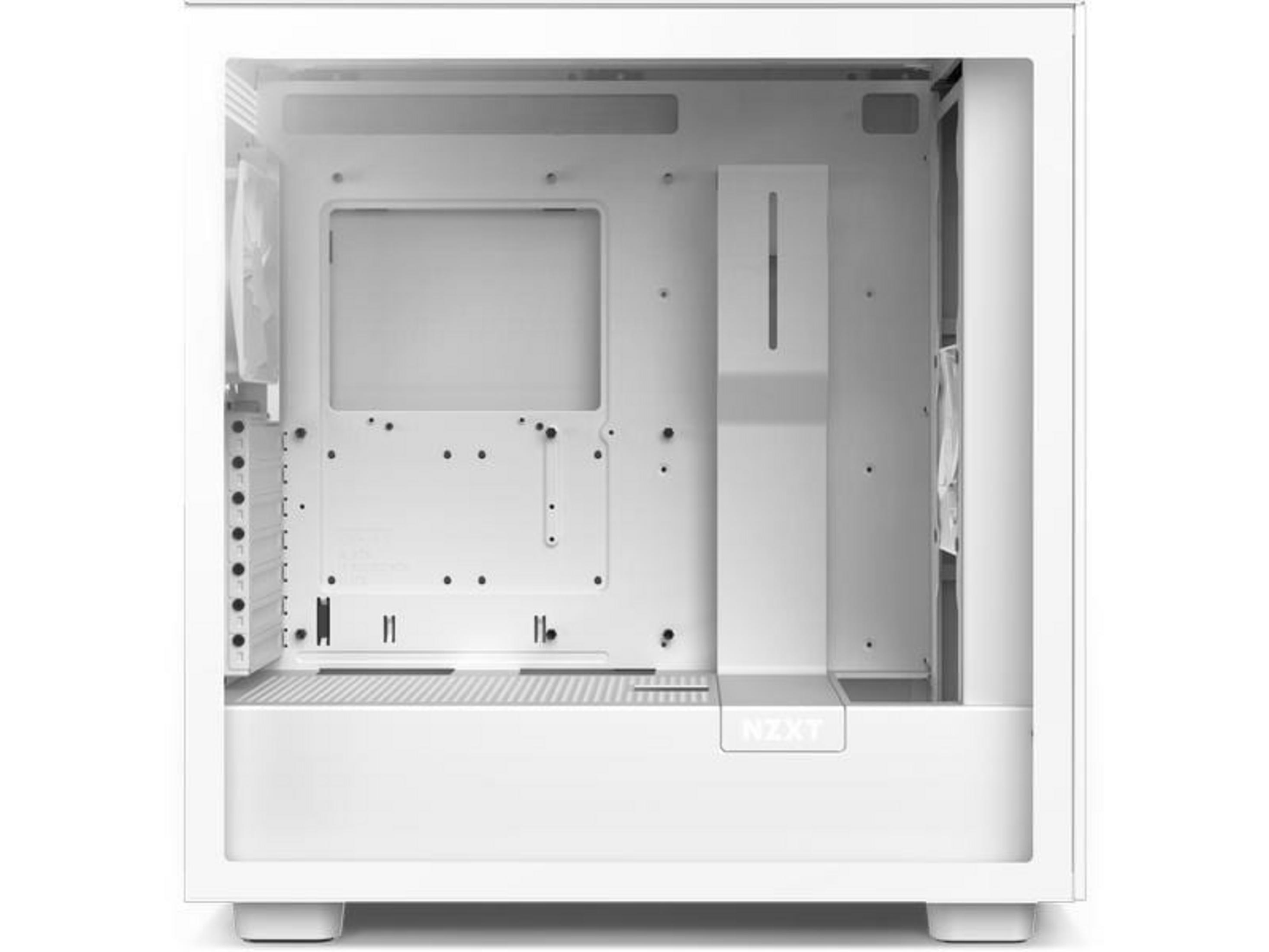 Un case per computer bianco con frontale in vetro e interno aperto.