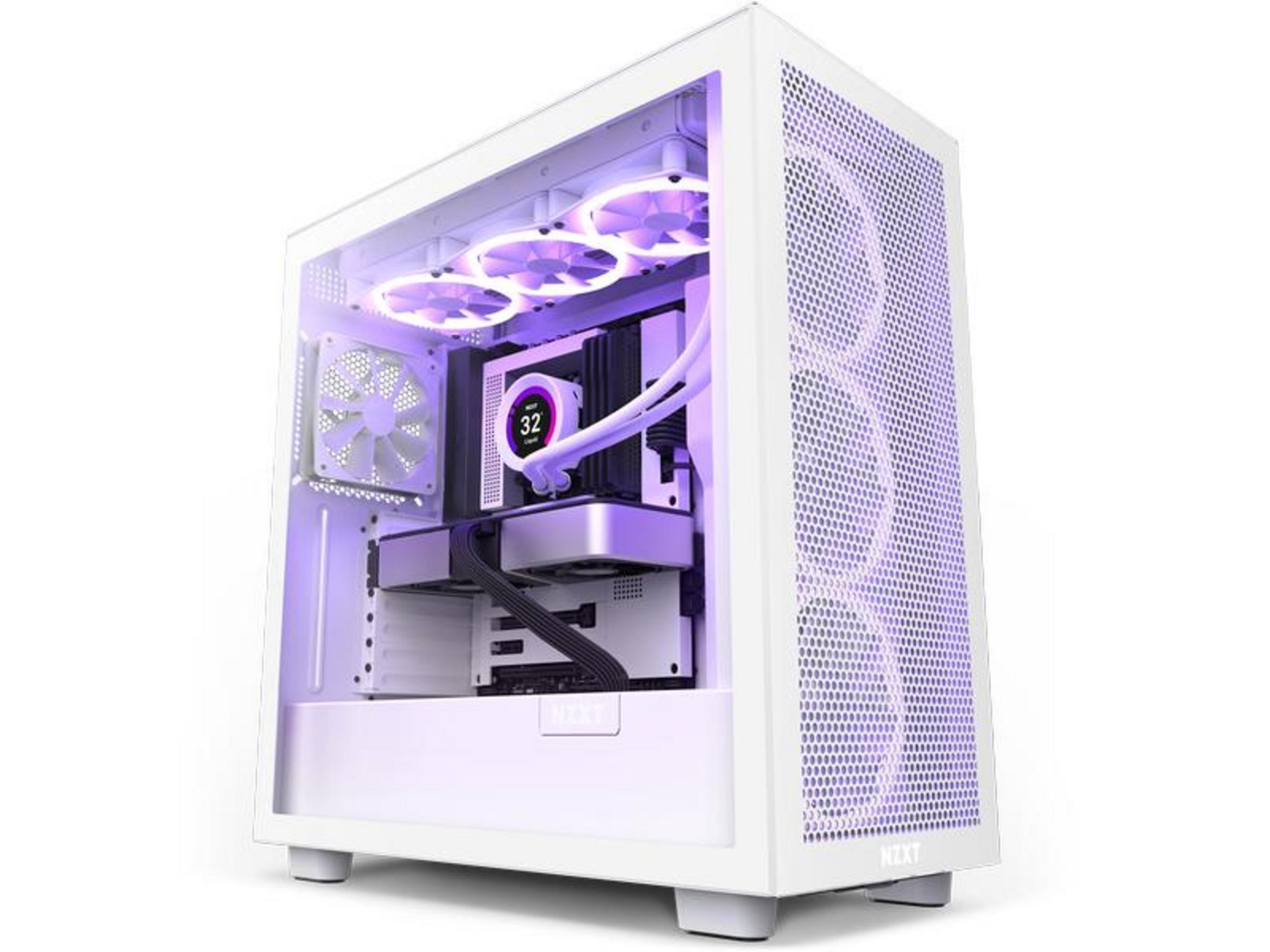 Un case per computer bianco con ventole viola e sistema di raffreddamento ad acqua.