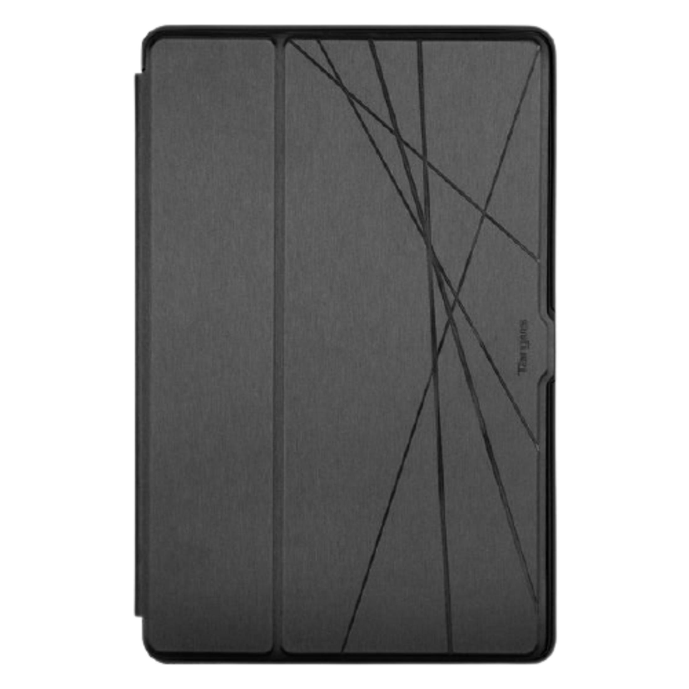 Funda gris para tableta con patrón geométrico y logo de Targus.