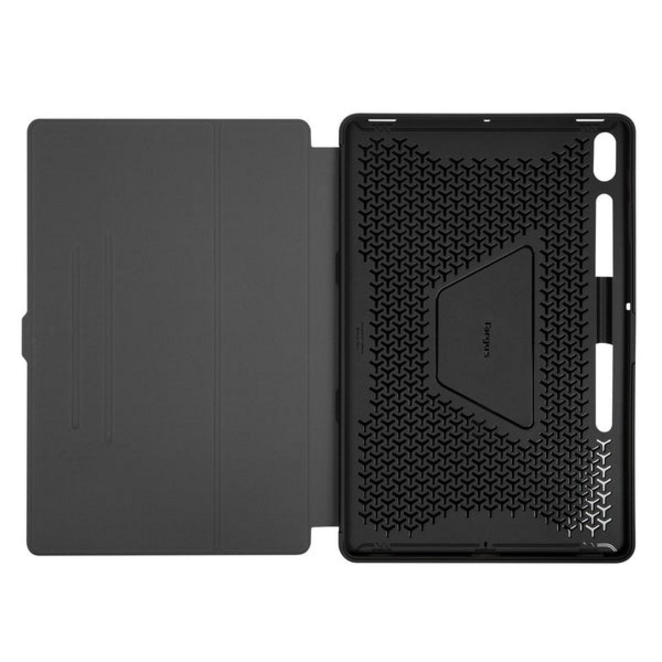 Funda negra para tableta, abierta, mostrando interior texturizado con logo Targus.