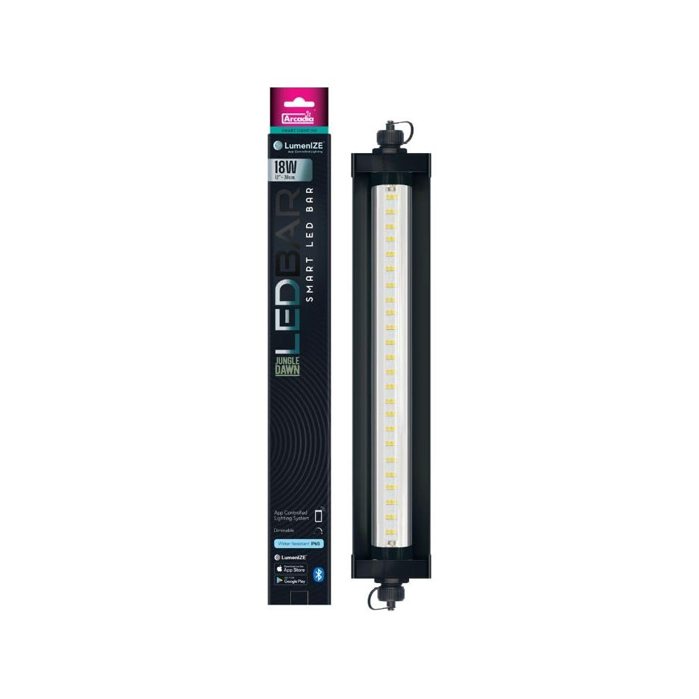 Eine LumenIZE 18W LED BAR Smart-LED-Leuchte mit Jungle Dawn Etikett.