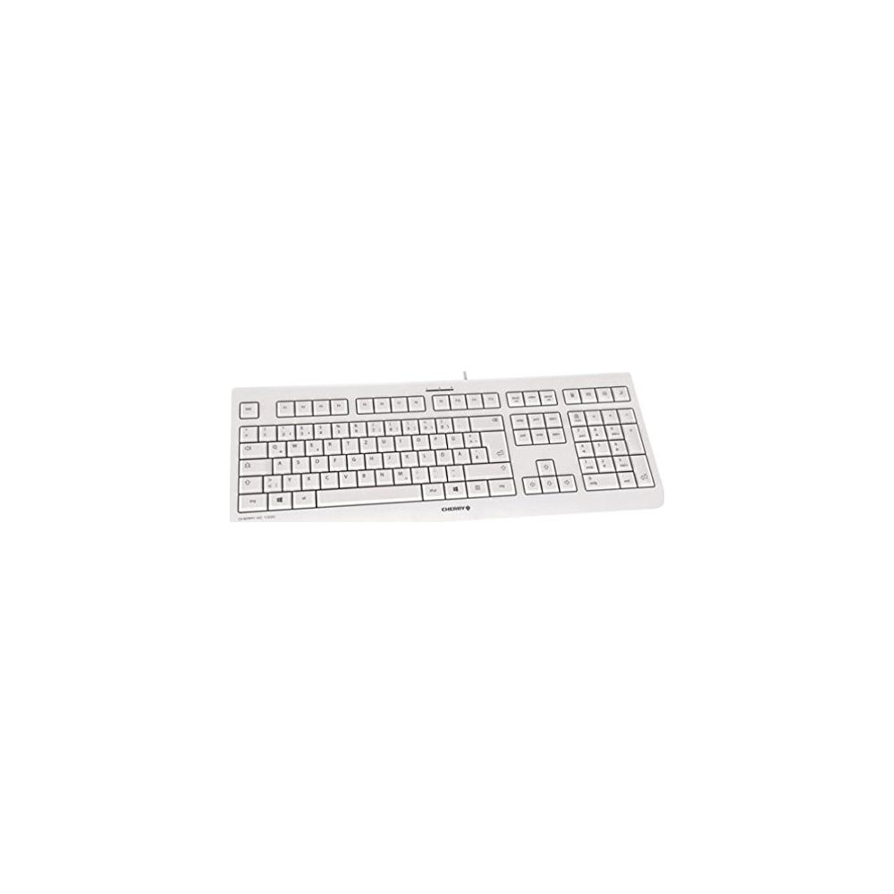 Un teclado Cherry blanco con etiquetas de teclas alemanas.