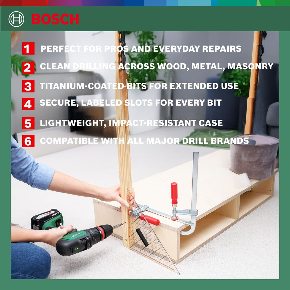Persona fora legno con trapano Bosch; elenco caratteristiche prodotto.