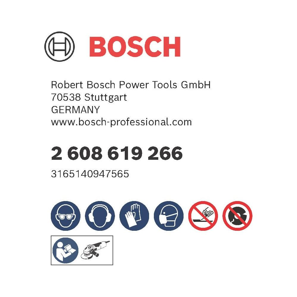 Logo Bosch, dane adresowe, numer artykułu i symbole bezpieczeństwa narzędzi.